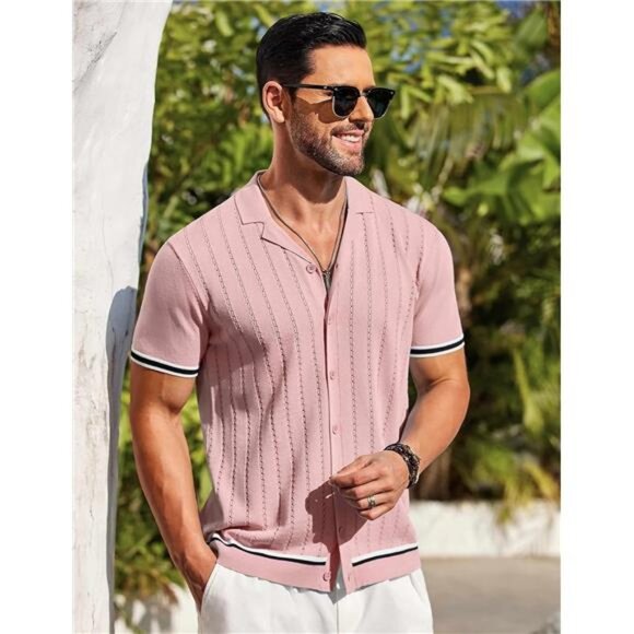 Men's Short Sleeve Knit Shirt Casual Button Down Shirt Vintage Striped - Picture 3 of 6